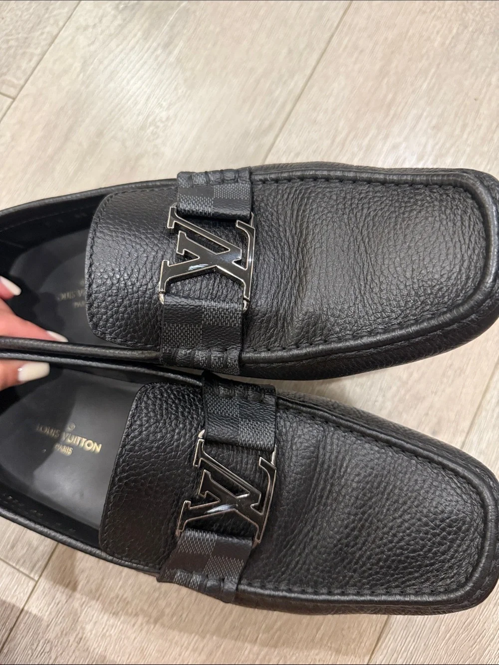 Louis Vuitton Black Pebbled Leather LV Buckle Slip-On Loafers